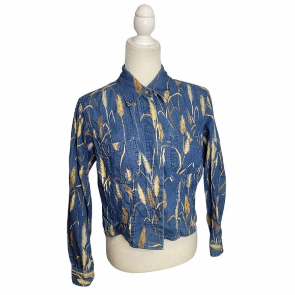 VINTAGE 90s shirt blue chambray wheat button‎ up cotton crop top S - Picture 1 of 8